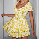 Lantern Sleeve Floral Print Layered Mini Dress